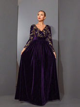 Mgiacyv V-Neck Glamorous Sequin Elastic Waisted Long Sleeve Velvet Dress
